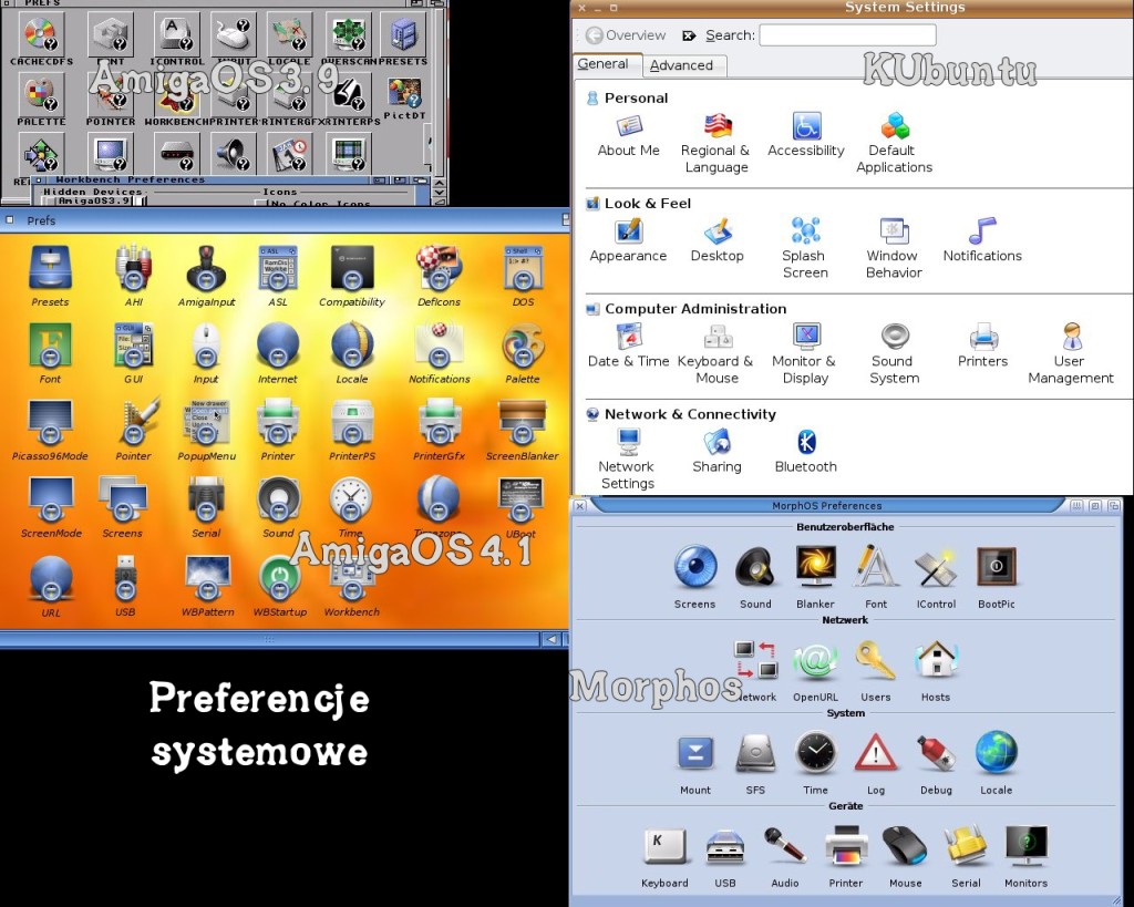 Preferencje systemowe. AmigaOS 4.1 kultywuje wieloletnie tradycje Amigi. Morphos hołduje idei linuksa.