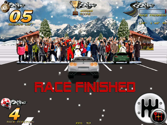 Amiga Racer meta jednego z etapów. Przed nami widać samochód wieżdżający w publiczność, jedno z licznych niedociągnięć gry.
